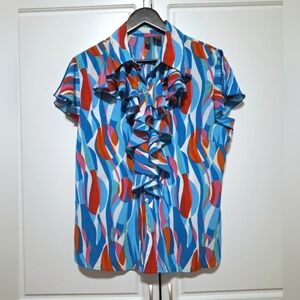Womens Vibrant Colorful Abstract Print Ruffle Front Button Up Shortsleeve Tops